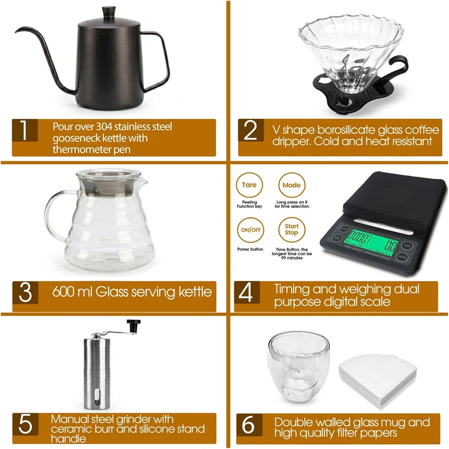 Cuisine Art Professional V60 Coffee Kit 9-Piece All-in-One Barista Set Includes Kettle, Manual Grinder, Glass Server, Digital Timer Scale & Double-Wall Cup Portable Hard-Shell Travel Case - Image 3