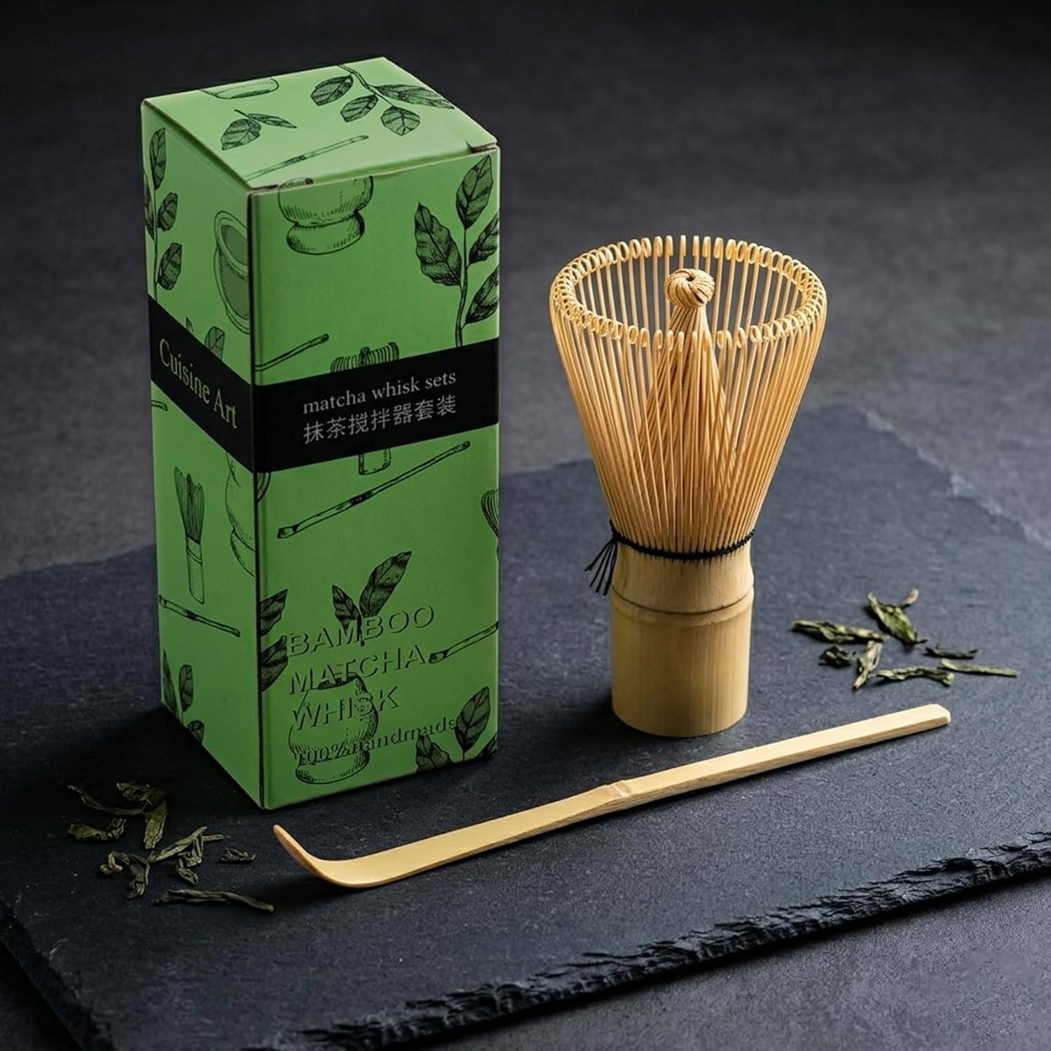 Cuisine Art 2-Piece Bamboo Matcha Whisk Set Includes Bamboo Whisk (Chasen) and Hooked Scoop (Chashaku) 100% Handmade Traditional Tools for Preparing Authentic Matcha Tea Beige - Image 2