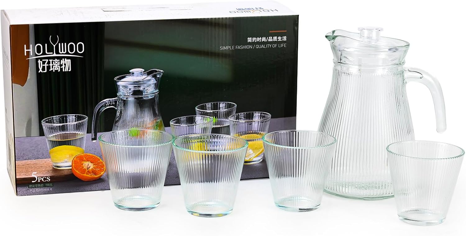 Cuisine Art Modern 5-Piece Ribbed Glass Water Jug & Tumbler Set 1.2L Fluted Glass Pitcher with Lid and Four 220ml Ribbed Drinking Glasses Glassware for Water, Juice & Iced Tea Lead-Free Premium Finish - Image 5