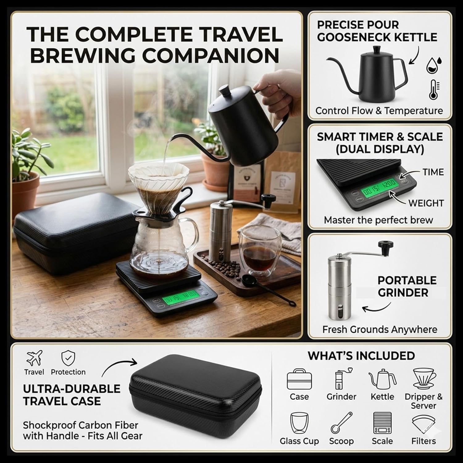 Cuisine Art Professional V60 Coffee Kit 9-Piece All-in-One Barista Set Includes Kettle, Manual Grinder, Glass Server, Digital Timer Scale & Double-Wall Cup Portable Hard-Shell Travel Case - Image 5