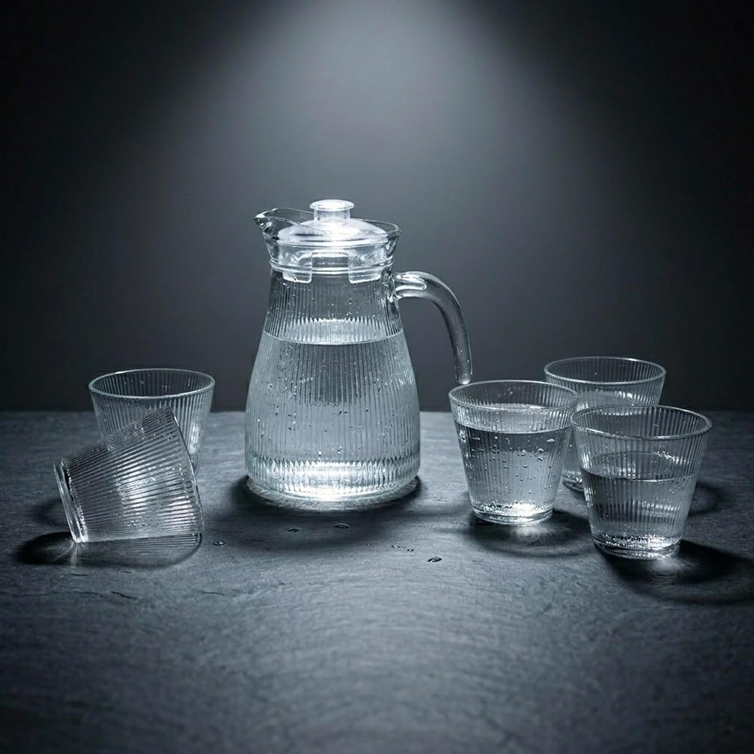 Cuisine Art Modern 5-Piece Ribbed Glass Water Jug & Tumbler Set 1.2L Fluted Glass Pitcher with Lid and Four 220ml Ribbed Drinking Glasses Glassware for Water, Juice & Iced Tea Lead-Free Premium Finish - Image 3