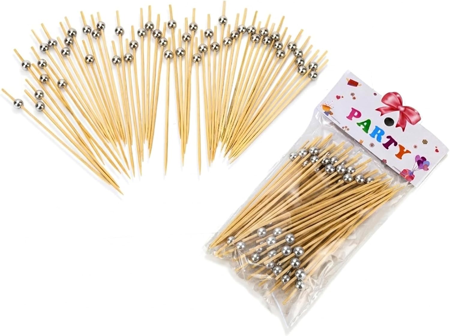 Cuisine Art Premium Silver Bead Bamboo Cocktail Picks 50-Piece Elegant Party Food Skewers 12cm Decorative Serving Toothpicks for Appetizers, Finger Foods, Charcuterie & Garnishing