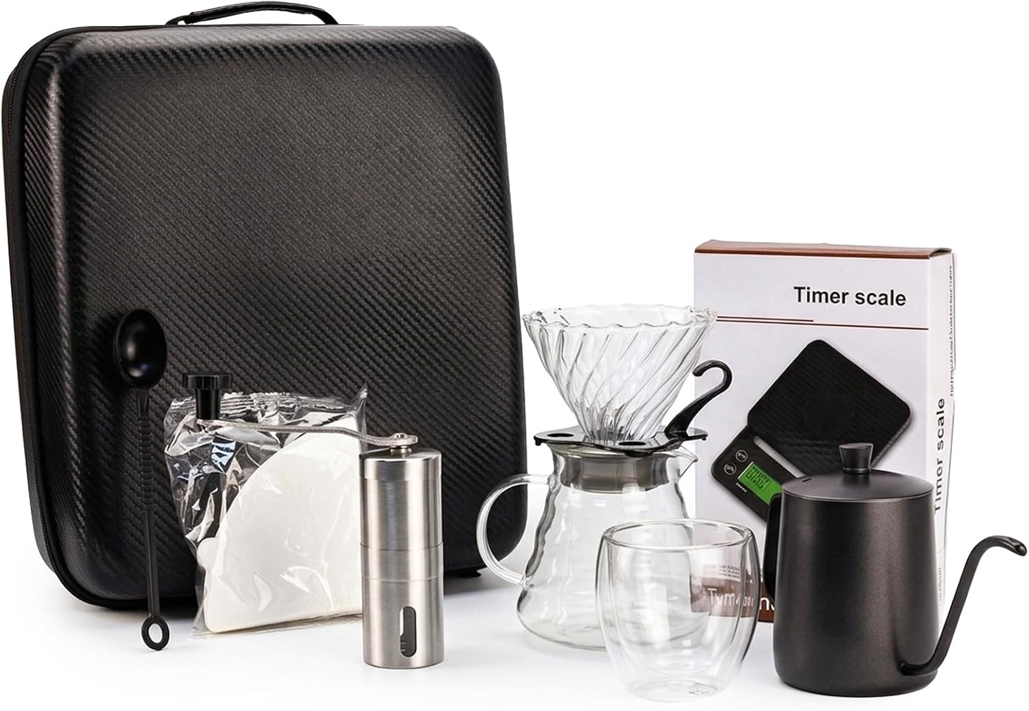 Cuisine Art Professional V60 Coffee Kit 9-Piece All-in-One Barista Set Includes Kettle, Manual Grinder, Glass Server, Digital Timer Scale & Double-Wall Cup Portable Hard-Shell Travel Case