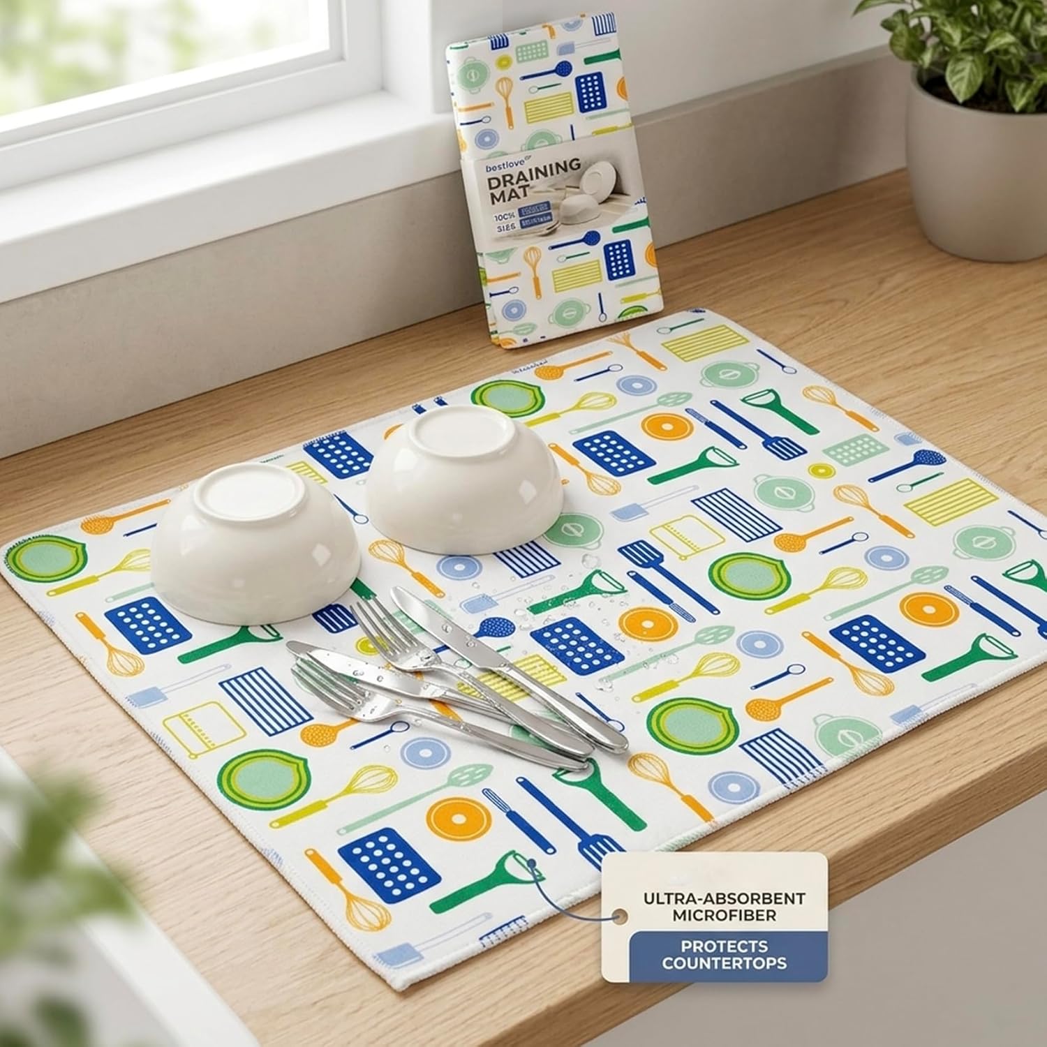 Cuisine Art Ultra-Absorbent Microfiber Dish Draining Mat 38x50cm Large Kitchen Drying Mat for Dishes, Glassware & Pots Quick-Dry, Machine Washable Protective Countertop Mat - Image 2