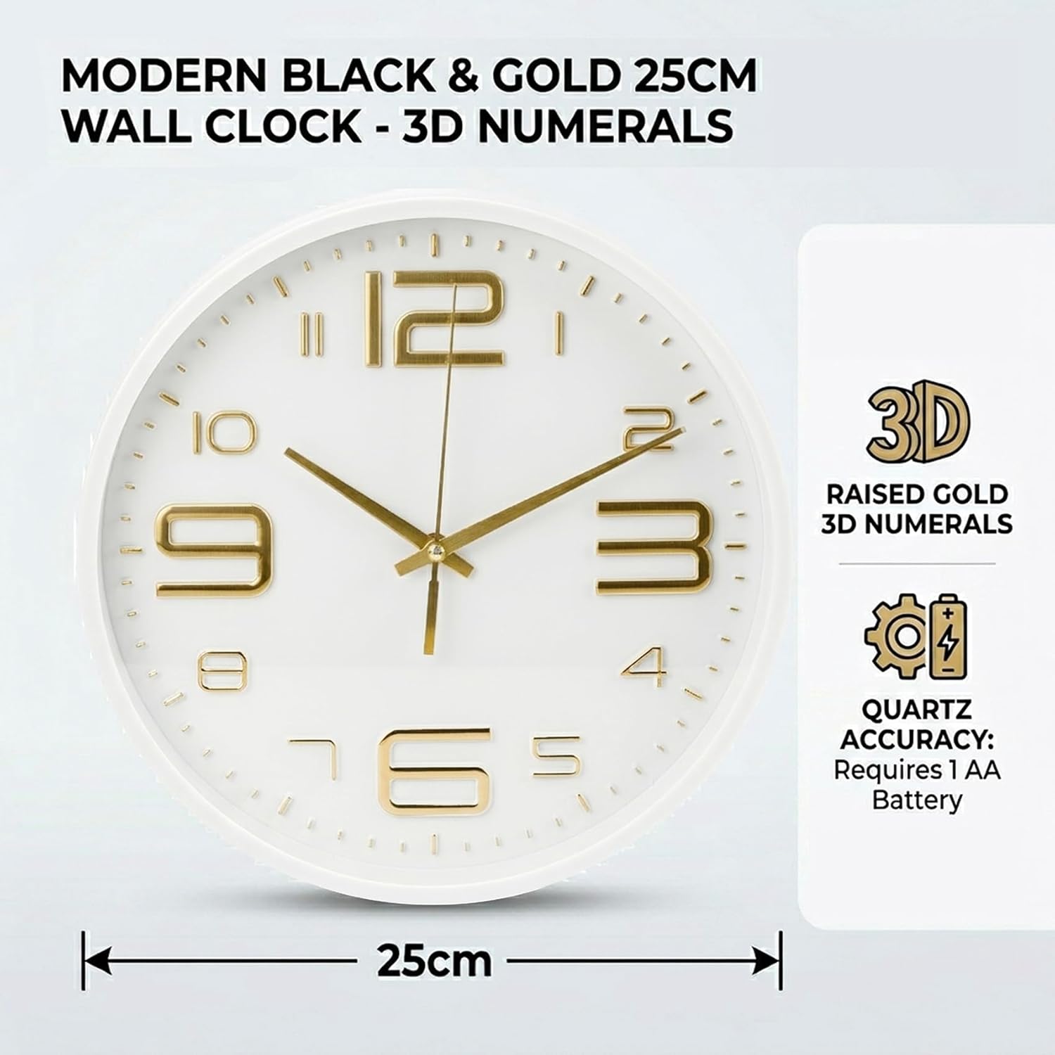 25cm Round Wall Clock Minimalist White Frame with Large Easy-to-Read Numbers 10-Inch Circular Timepiece for Home, Kitchen, Office & Classroom - Image 5