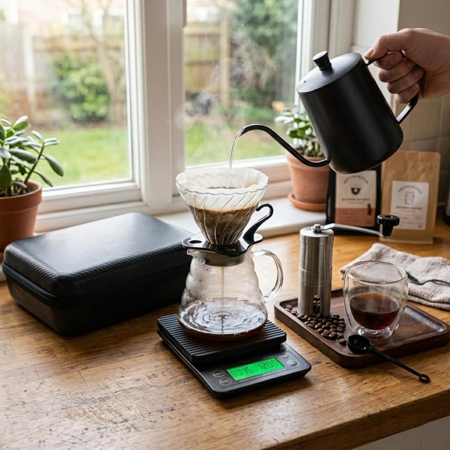 Cuisine Art Professional V60 Coffee Kit 9-Piece All-in-One Barista Set Includes Kettle, Manual Grinder, Glass Server, Digital Timer Scale & Double-Wall Cup Portable Hard-Shell Travel Case - Image 2