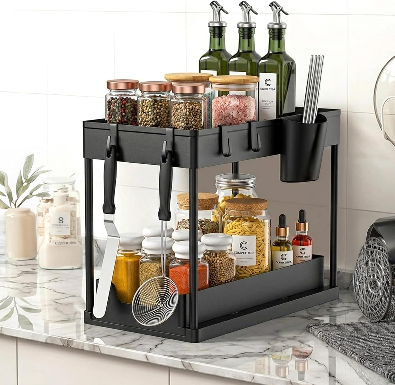 Cuisine Art Under Sink Organizer with Double Pull-Out Drawer 2-Tier Sliding Under Sink Storage, Kitchen & Bathroom Cabinet Organizer with Side Hooks, Anti-Rust Steel & ABS, 15.6×8.6×13.2 cm, Black - Image 6