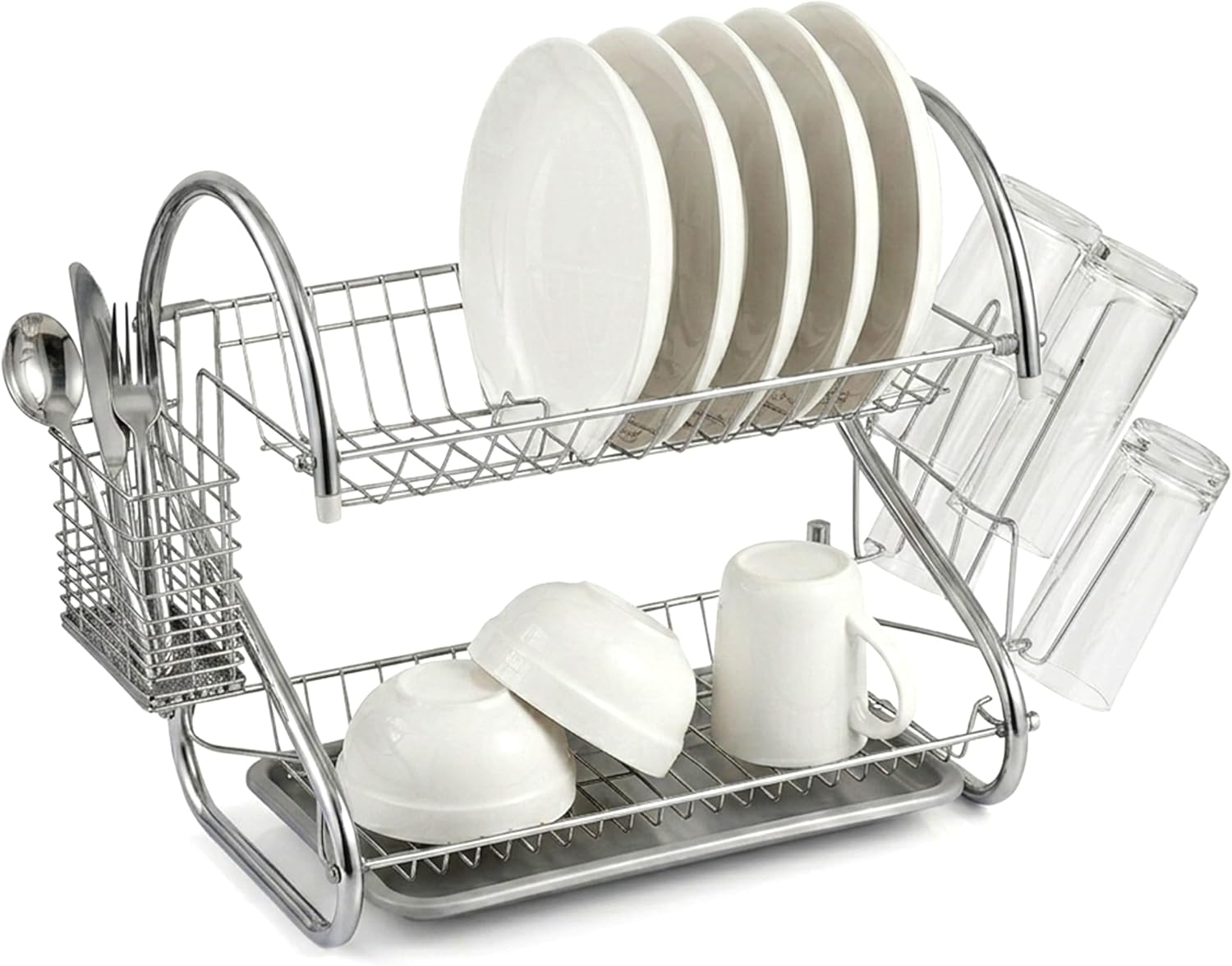 Cuisine Art 2-Tier Iron Dish Drying Rack 40x24x24cm Compact Kitchen Organizer Heavy-Duty Rust-Resistant Frame with Removable Drip Tray & Cutlery Holder Space-Saving Stand for Plates & Bowls