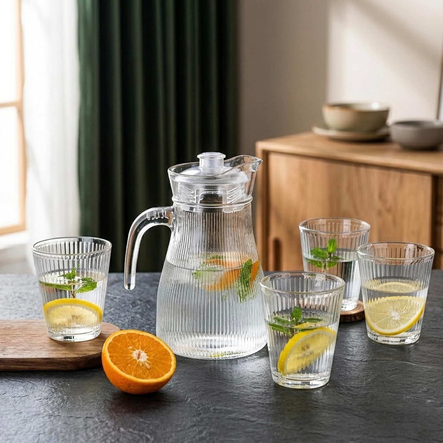 Cuisine Art Modern 5-Piece Ribbed Glass Water Jug & Tumbler Set 1.2L Fluted Glass Pitcher with Lid and Four 220ml Ribbed Drinking Glasses Glassware for Water, Juice & Iced Tea Lead-Free Premium Finish - Image 2