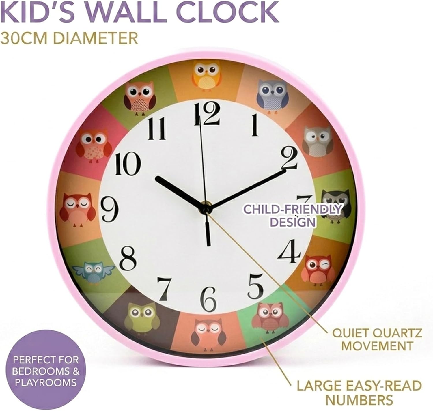 Cuisine Art 30cm Kids Owl Wall Clock Silent Non-Ticking Sweep Movement Large 12-Inch Face for Nursery, Kids Room & Classroom with Easy-to-Read Numerals - Pink Frame - Image 5
