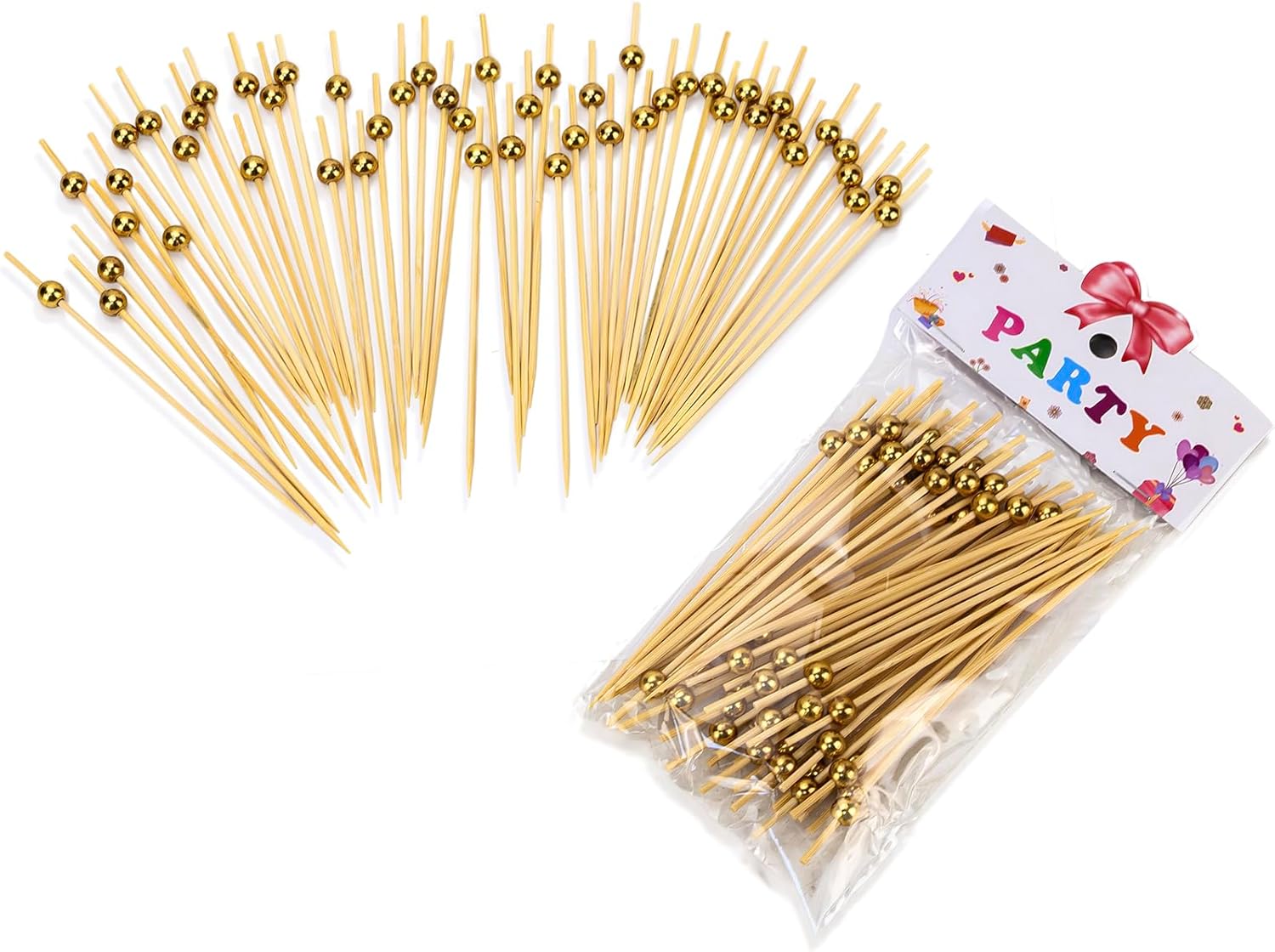Cuisine Art Premium Gold Bead Bamboo Cocktail Picks 50-Piece Elegant Party Food Skewers 12cm Decorative Serving Toothpicks for Appetizers, Finger Foods, Charcuterie & Garnishing