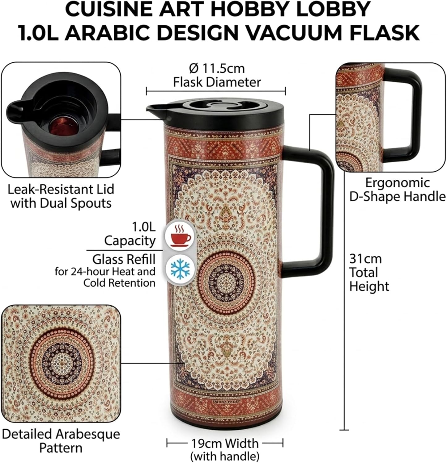 Cuisine Art Hobby Lobby 1.0L Arabic Design Vacuum Flask Insulated Thermal Coffee & Tea Carafe 24 Hours Hot & Cold Retention Leak-Resistant Beverage Jug with Ergonomic Handle - Image 3
