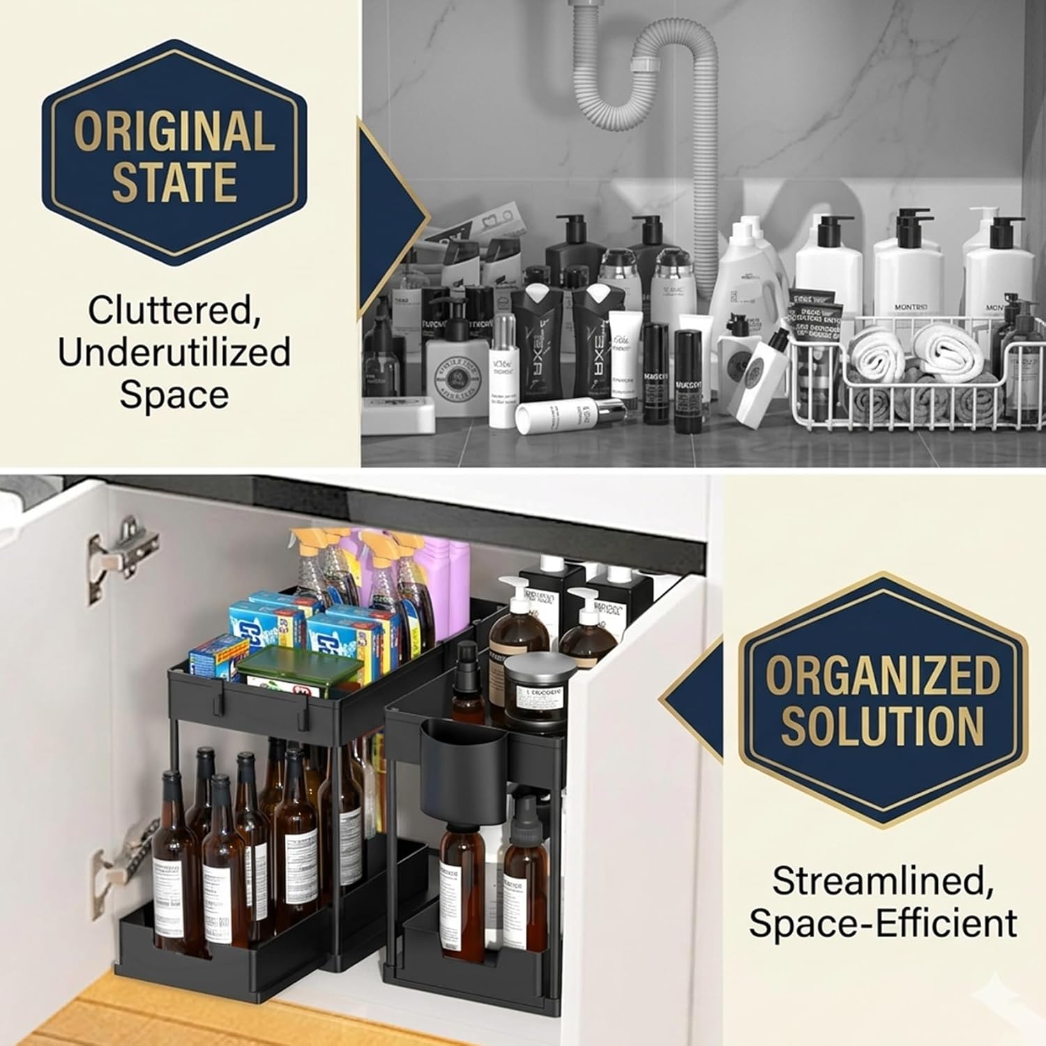 Cuisine Art Under Sink Organizer with Double Pull-Out Drawer 2-Tier Sliding Under Sink Storage, Kitchen & Bathroom Cabinet Organizer with Side Hooks, Anti-Rust Steel & ABS, 15.6×8.6×13.2 cm, Black - Image 5