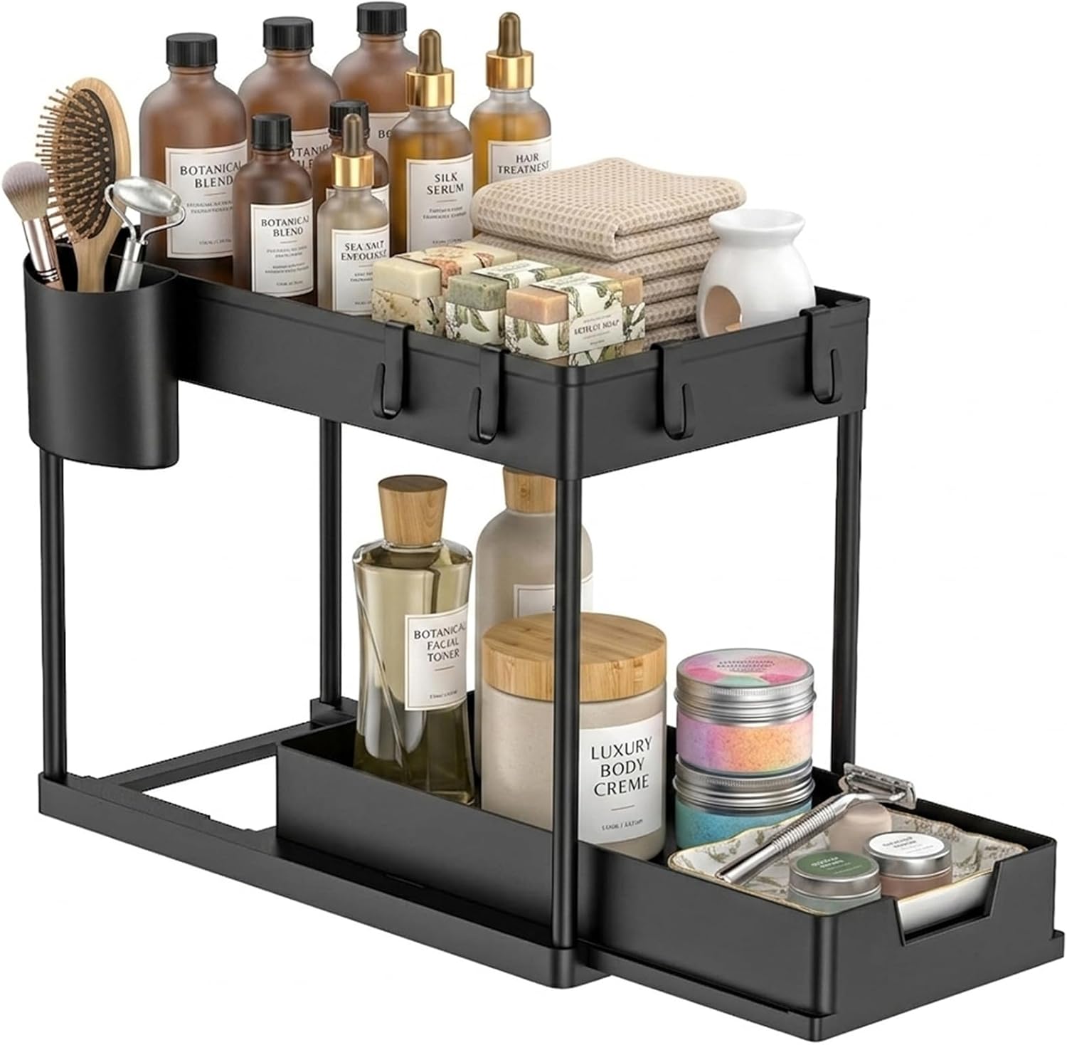 Cuisine Art Under Sink Organizer with Double Pull-Out Drawer 2-Tier Sliding Under Sink Storage, Kitchen & Bathroom Cabinet Organizer with Side Hooks, Anti-Rust Steel & ABS, 15.6×8.6×13.2 cm, Black