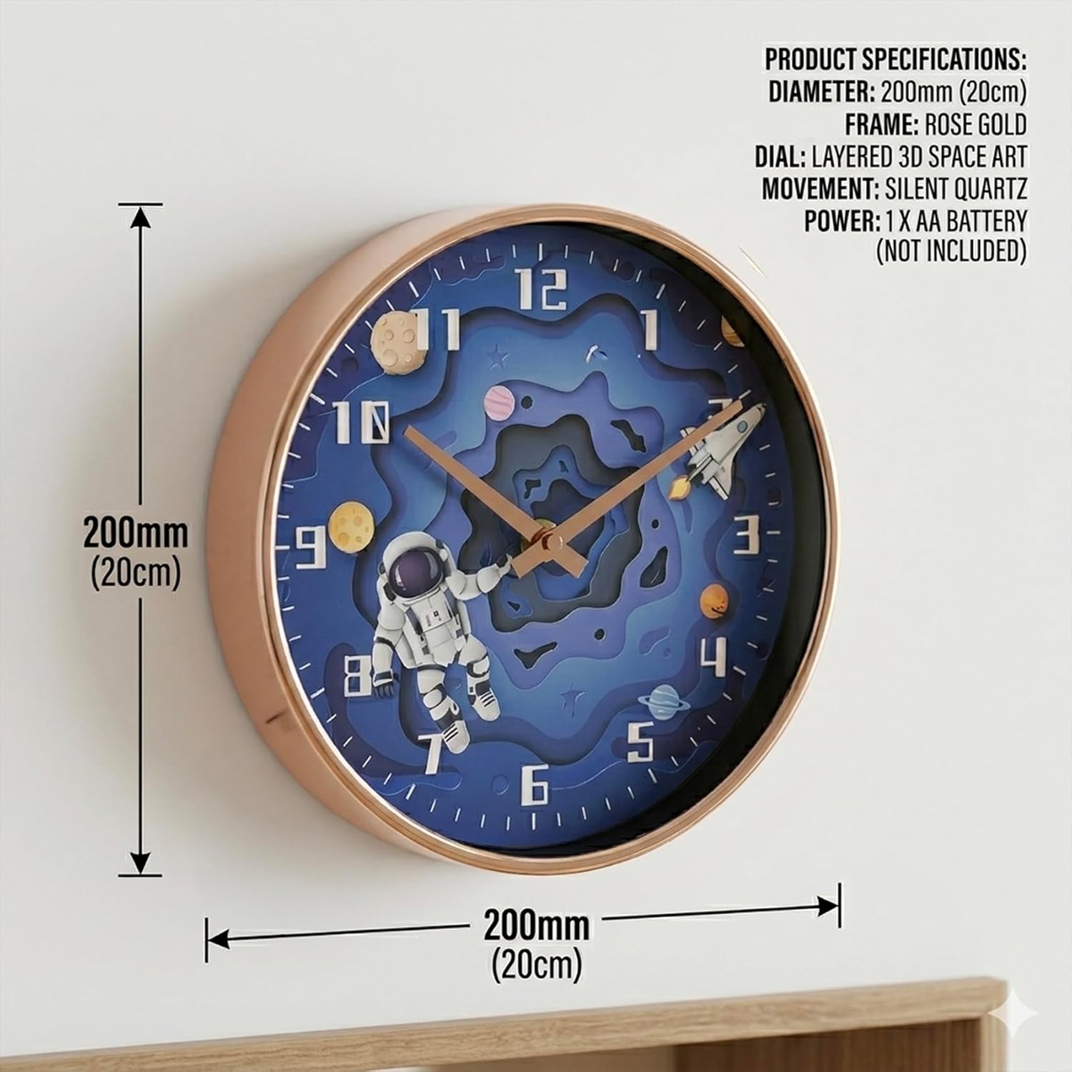 Cuisine Art Astronaut Wall Clock Silent Non-Ticking Sweep Movement 3D Astro Space Character Design for Kids & Nursery 20cm Round Decorative Timepiece - Image 3