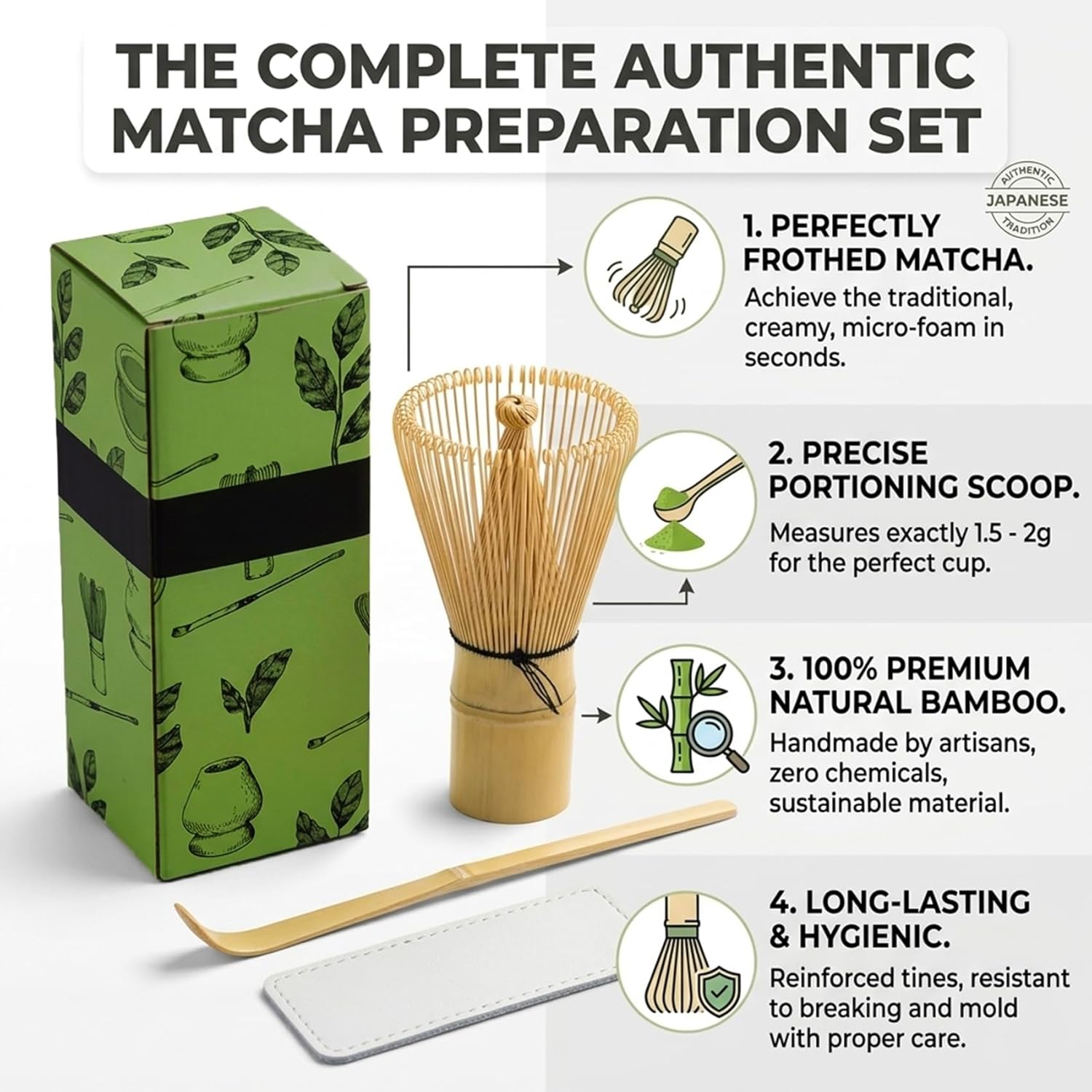 Cuisine Art 2-Piece Bamboo Matcha Whisk Set Includes Bamboo Whisk (Chasen) and Hooked Scoop (Chashaku) 100% Handmade Traditional Tools for Preparing Authentic Matcha Tea Beige - Image 5