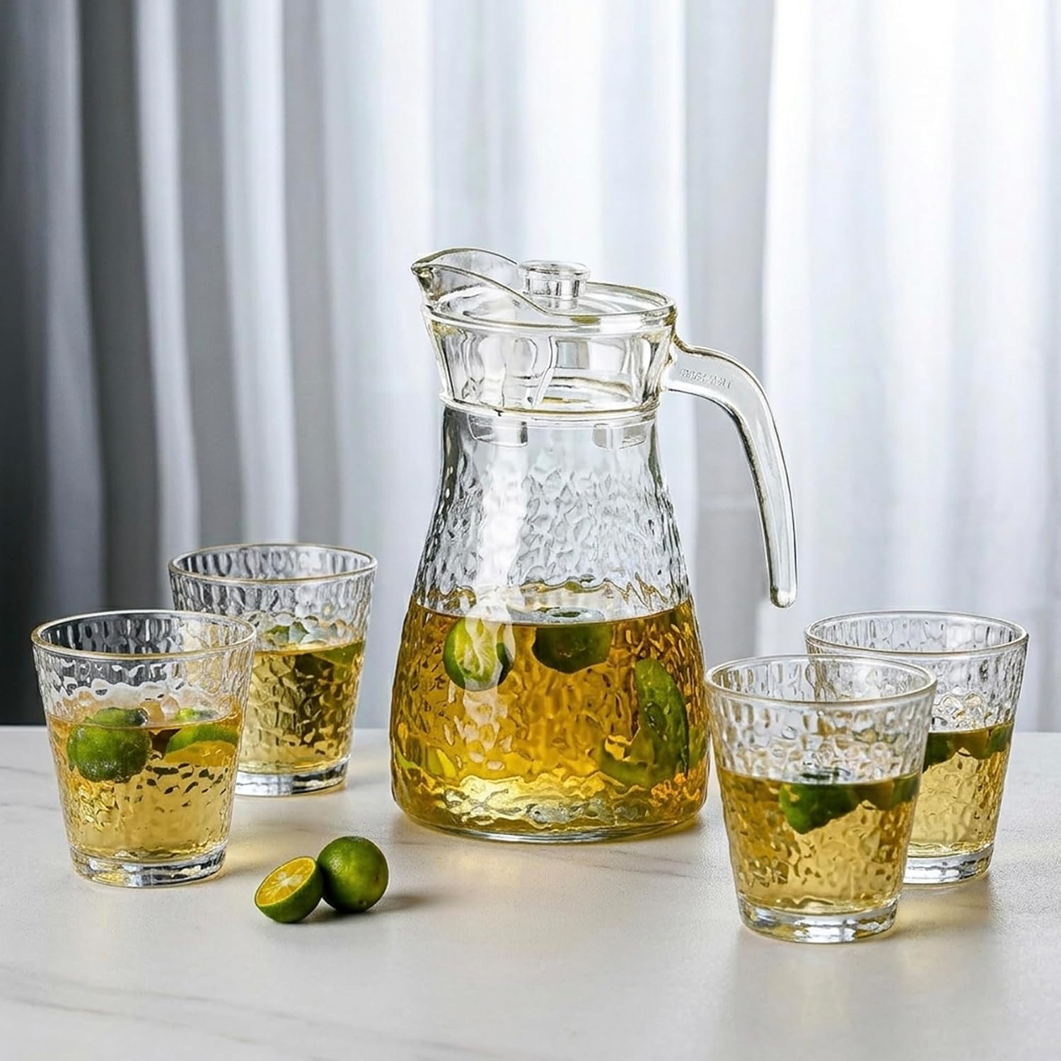 Cuisine Art Premium 5-Piece Hammered Glass Water Carafe & Tumbler Set 1.2L Glass Pitcher with Lid and Four 220ml Drinking Glasses Glassware for Juice, Water & Mocktails Lead-Free Crystal Clear Finish - Image 2
