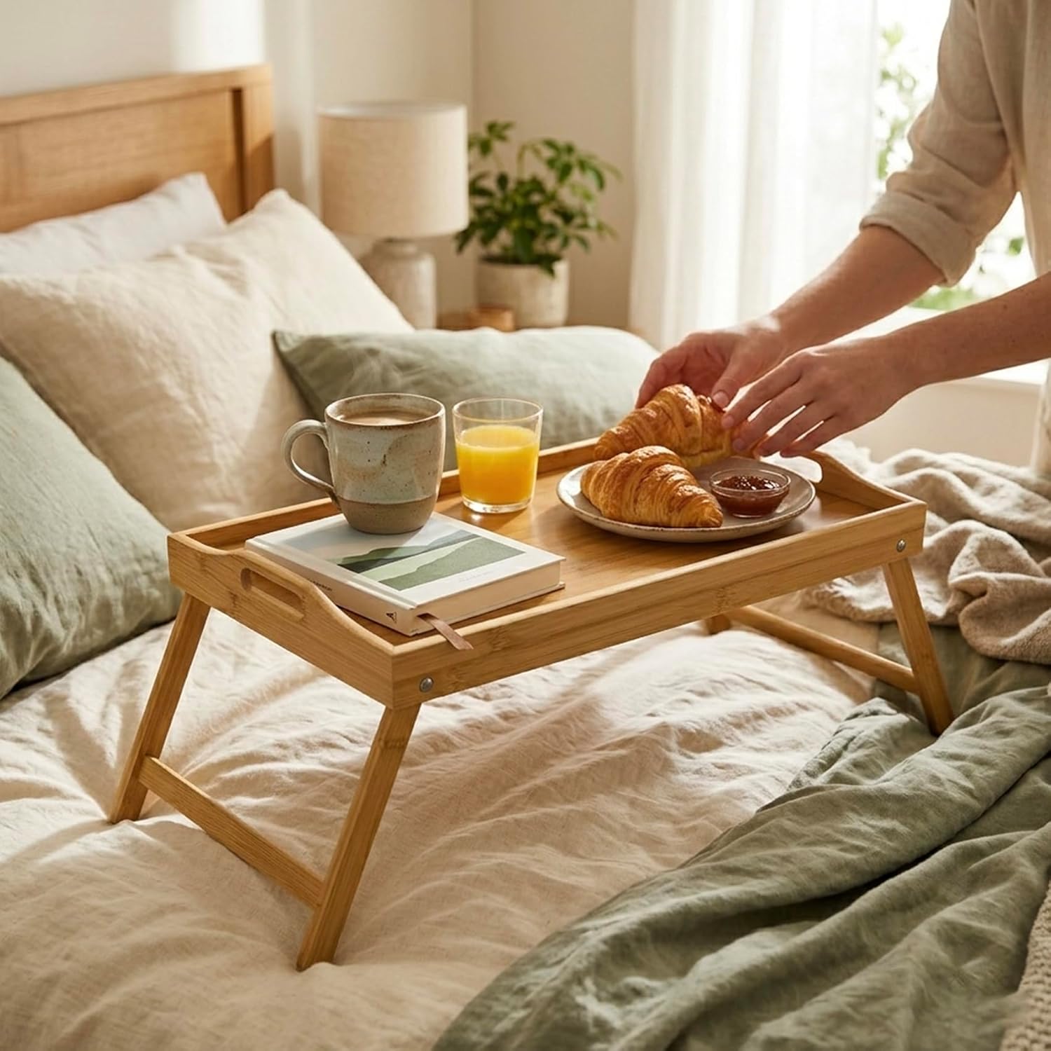 Cuisine Art 2-in-1 Foldable Bamboo Bed Tray Table 30x50cm Portable Laptop Desk & Serving Tray with Handles Dual-Purpose Breakfast in Bed Stand Space-Saving Sustainable Wood Design - Image 2