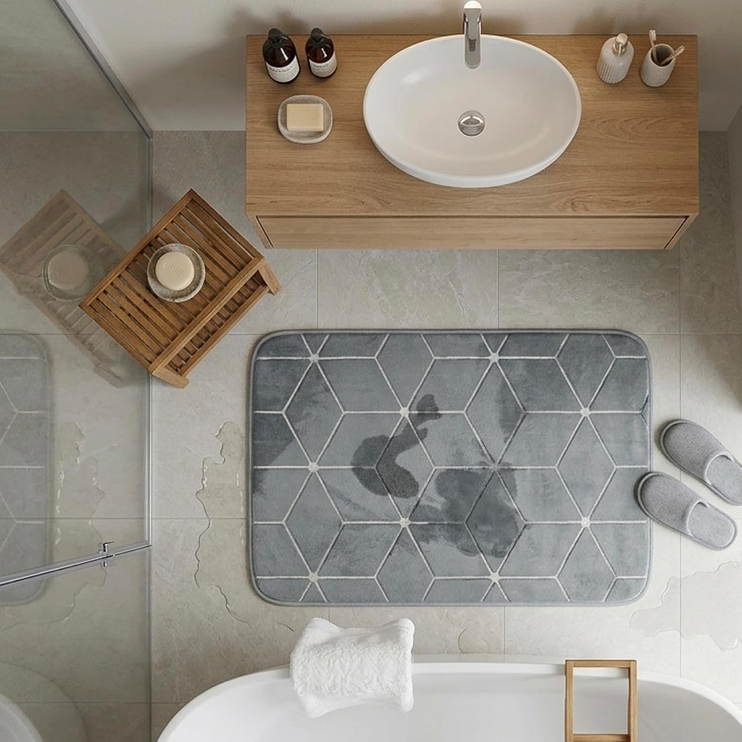 Ultra-Absorbent Memory Foam Bath Mat 40x60cm Plush Grey Bathroom Rug with Non-Slip Backing Quick-Dry Debossed Geometric Pattern Soft Decorative Floor Mat for Shower & Tub - Image 4