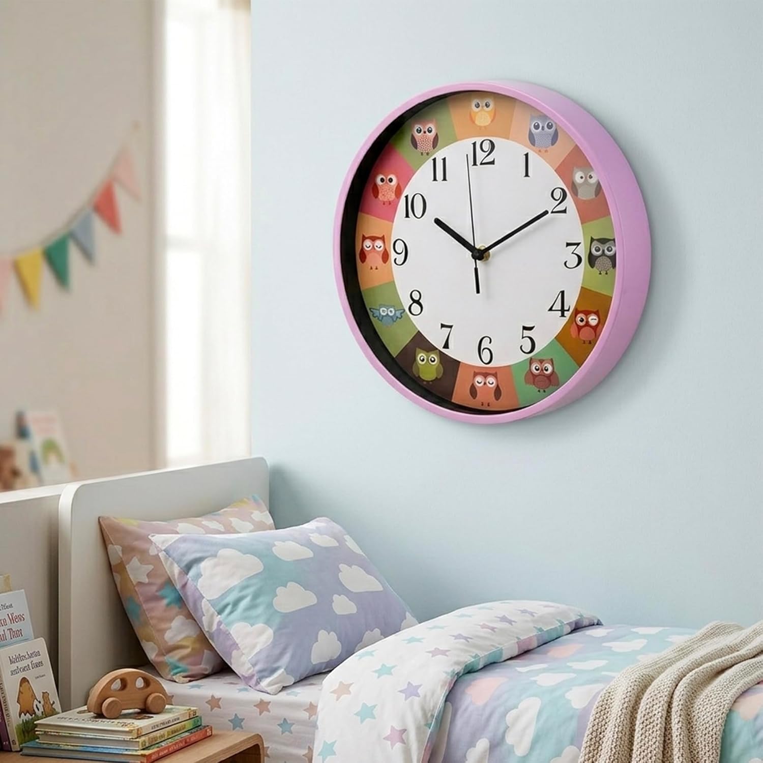 Cuisine Art 30cm Kids Owl Wall Clock Silent Non-Ticking Sweep Movement Large 12-Inch Face for Nursery, Kids Room & Classroom with Easy-to-Read Numerals - Pink Frame - Image 2