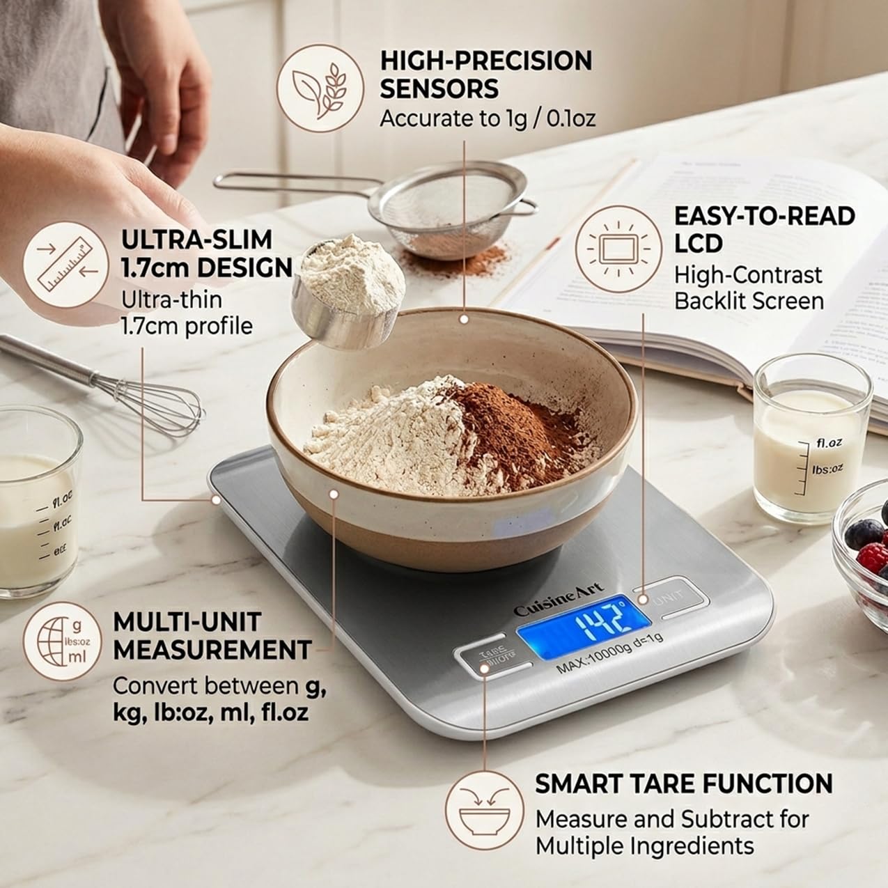 Cuisine Art Digital Kitchen Scale High-Precision Electric Food Scale Silver Stainless Steel Slim 1.7cm Design with Backlit LCD Display Multi-Unit Measurement for Baking & Cooking - Image 4
