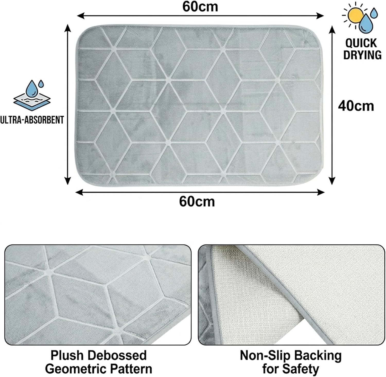 Ultra-Absorbent Memory Foam Bath Mat 40x60cm Plush Grey Bathroom Rug with Non-Slip Backing Quick-Dry Debossed Geometric Pattern Soft Decorative Floor Mat for Shower & Tub - Image 3
