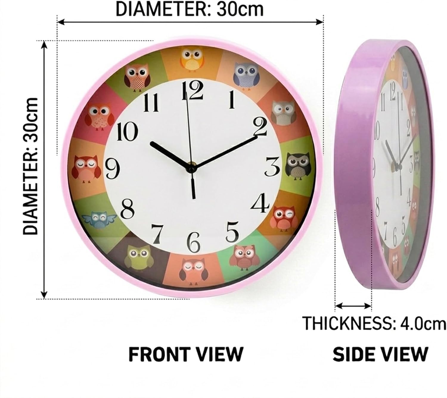 Cuisine Art 30cm Kids Owl Wall Clock Silent Non-Ticking Sweep Movement Large 12-Inch Face for Nursery, Kids Room & Classroom with Easy-to-Read Numerals - Pink Frame - Image 3
