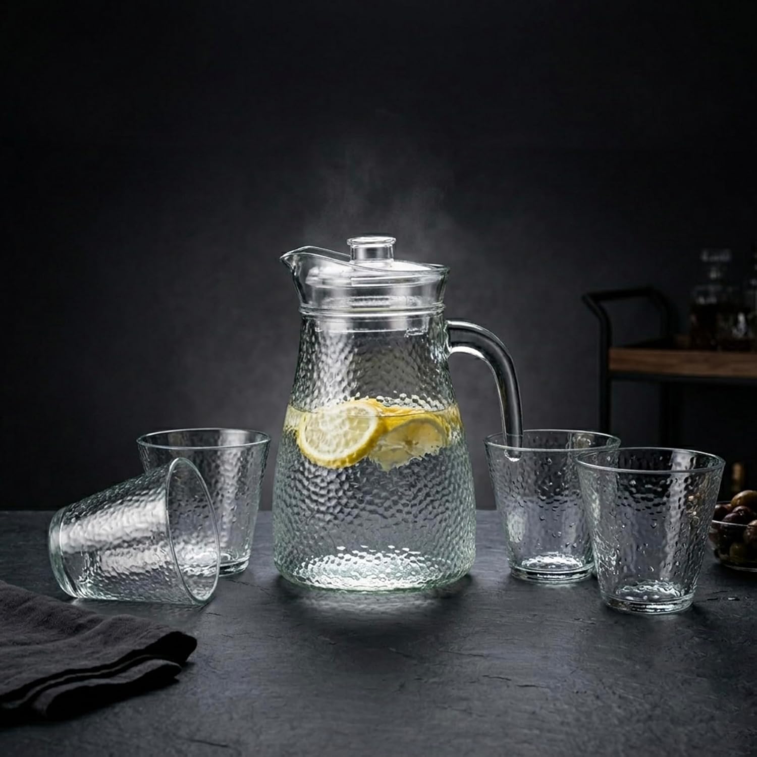 Cuisine Art Premium 5-Piece Hammered Glass Water Carafe & Tumbler Set 1.2L Glass Pitcher with Lid and Four 220ml Drinking Glasses Glassware for Juice, Water & Mocktails Lead-Free Crystal Clear Finish - Image 3