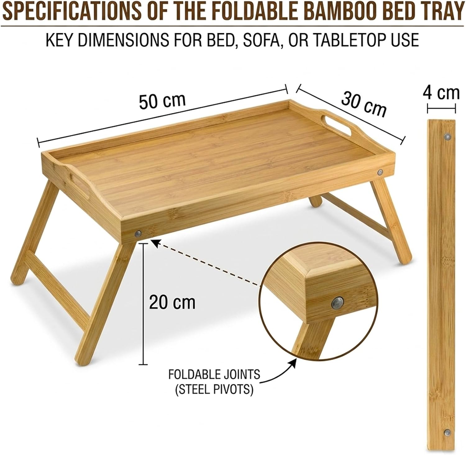 Cuisine Art 2-in-1 Foldable Bamboo Bed Tray Table 30x50cm Portable Laptop Desk & Serving Tray with Handles Dual-Purpose Breakfast in Bed Stand Space-Saving Sustainable Wood Design - Image 3