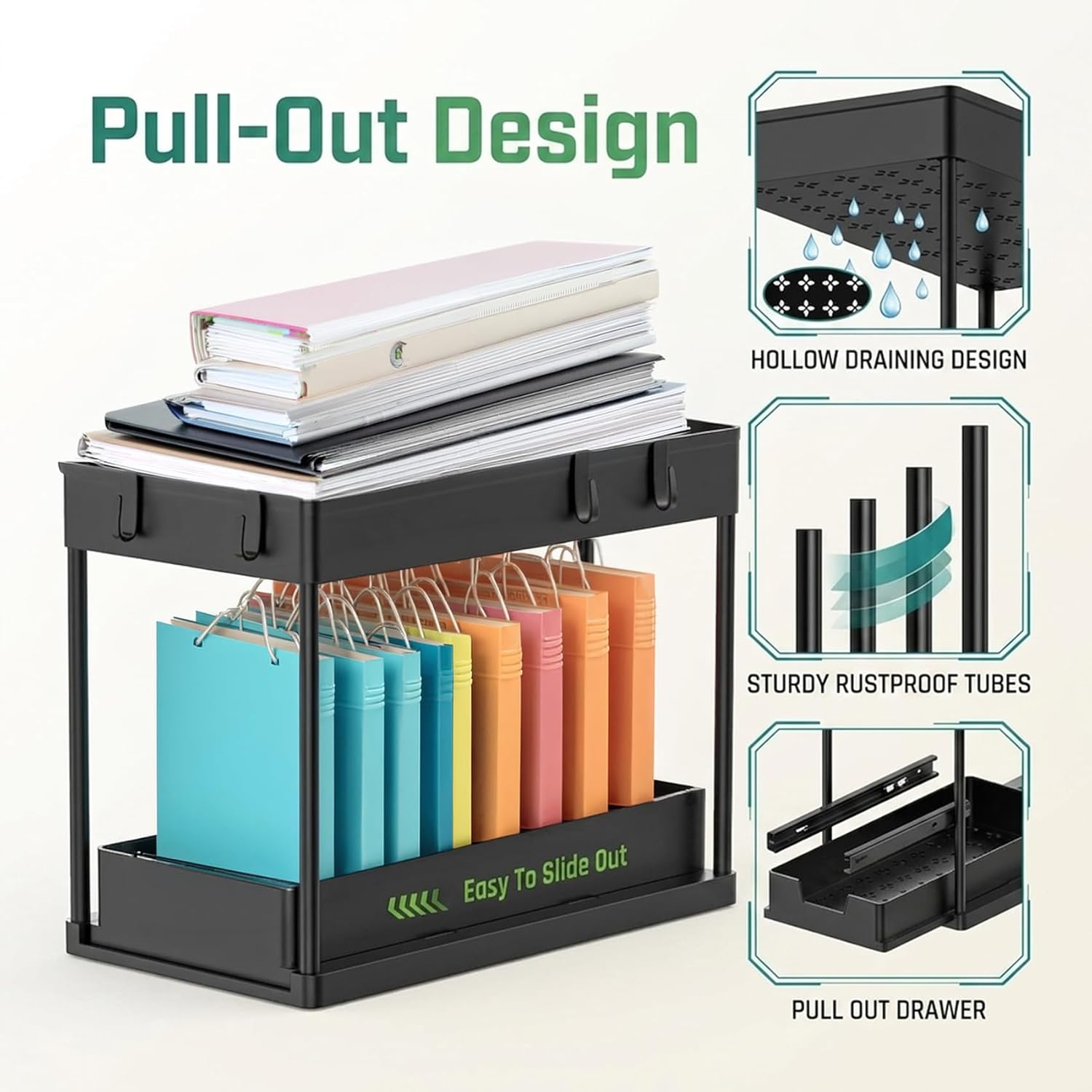 Cuisine Art Under Sink Organizer with Double Pull-Out Drawer 2-Tier Sliding Under Sink Storage, Kitchen & Bathroom Cabinet Organizer with Side Hooks, Anti-Rust Steel & ABS, 15.6×8.6×13.2 cm, Black - Image 4