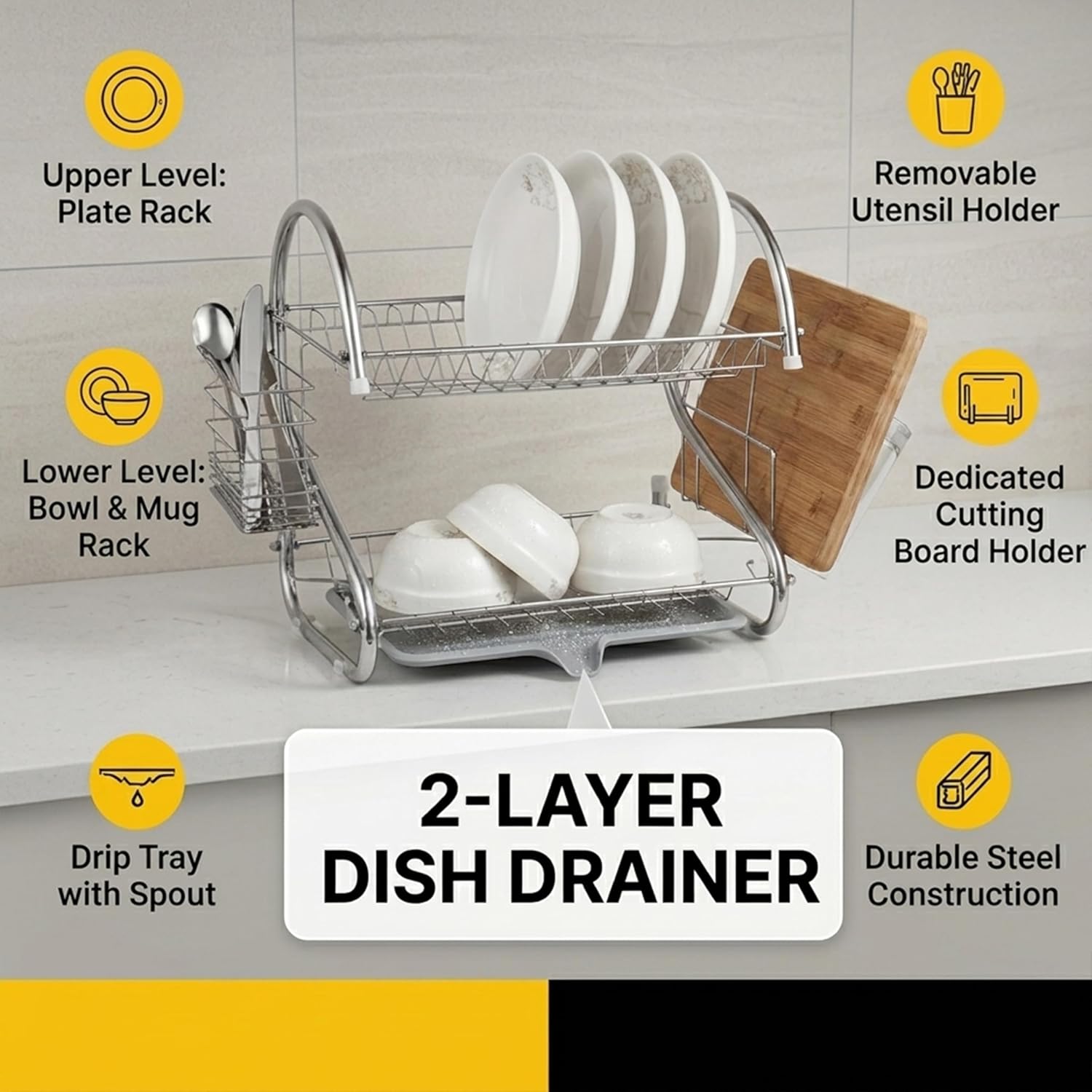 Cuisine Art 2-Tier Iron Dish Drying Rack 40x24x24cm Compact Kitchen Organizer Heavy-Duty Rust-Resistant Frame with Removable Drip Tray & Cutlery Holder Space-Saving Stand for Plates & Bowls - Image 3