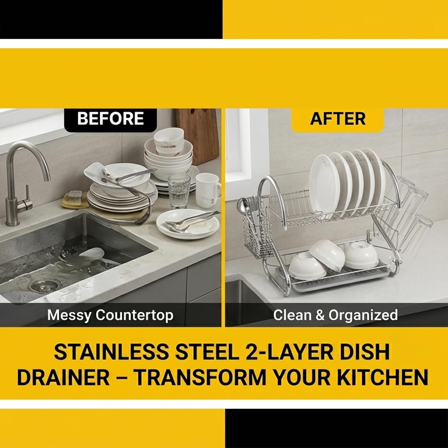 Cuisine Art 2-Tier Iron Dish Drying Rack 40x24x24cm Compact Kitchen Organizer Heavy-Duty Rust-Resistant Frame with Removable Drip Tray & Cutlery Holder Space-Saving Stand for Plates & Bowls - Image 5