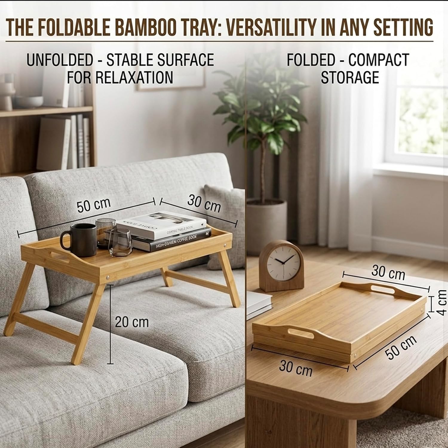 Cuisine Art 2-in-1 Foldable Bamboo Bed Tray Table 30x50cm Portable Laptop Desk & Serving Tray with Handles Dual-Purpose Breakfast in Bed Stand Space-Saving Sustainable Wood Design - Image 7