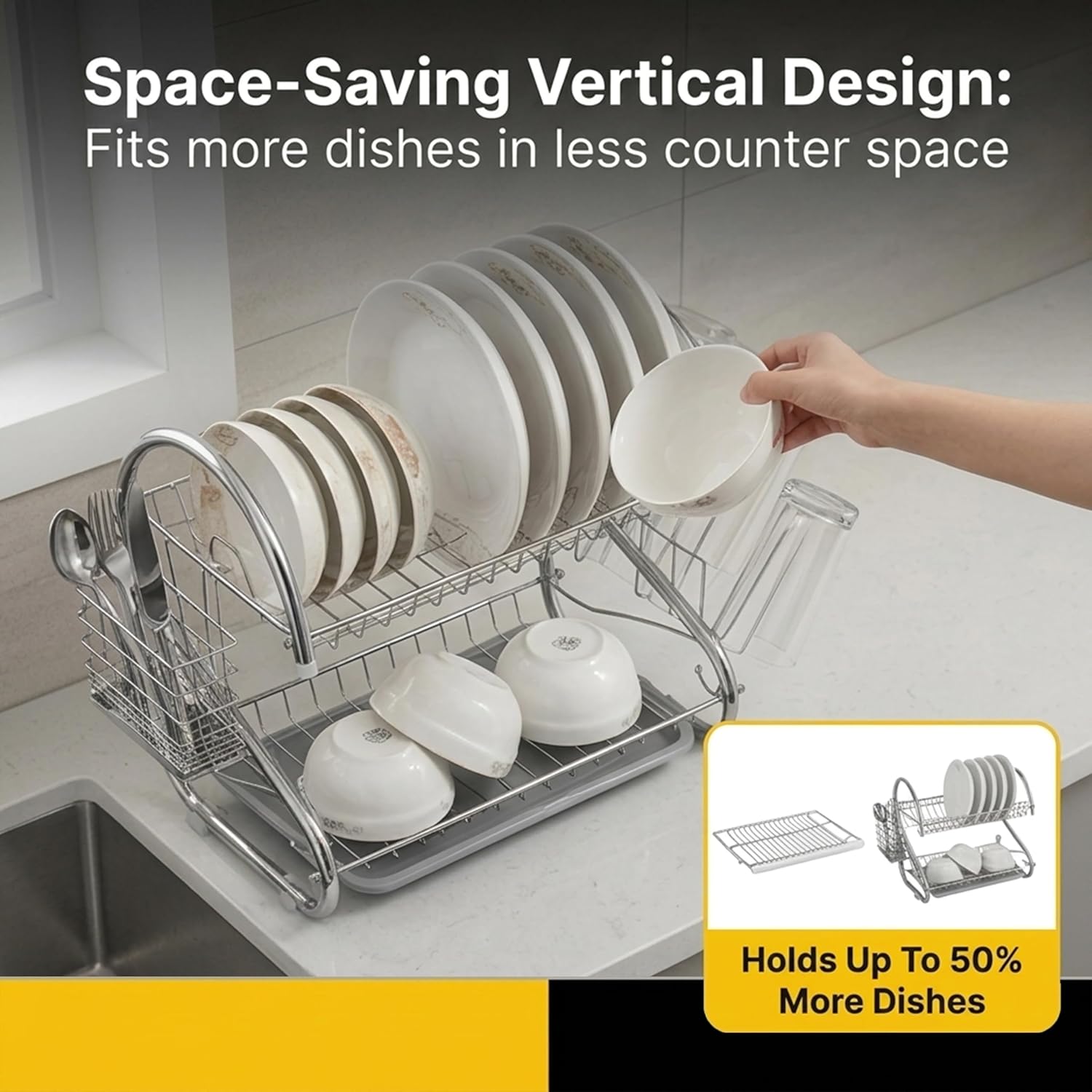 Cuisine Art 2-Tier Iron Dish Drying Rack 40x24x24cm Compact Kitchen Organizer Heavy-Duty Rust-Resistant Frame with Removable Drip Tray & Cutlery Holder Space-Saving Stand for Plates & Bowls - Image 4