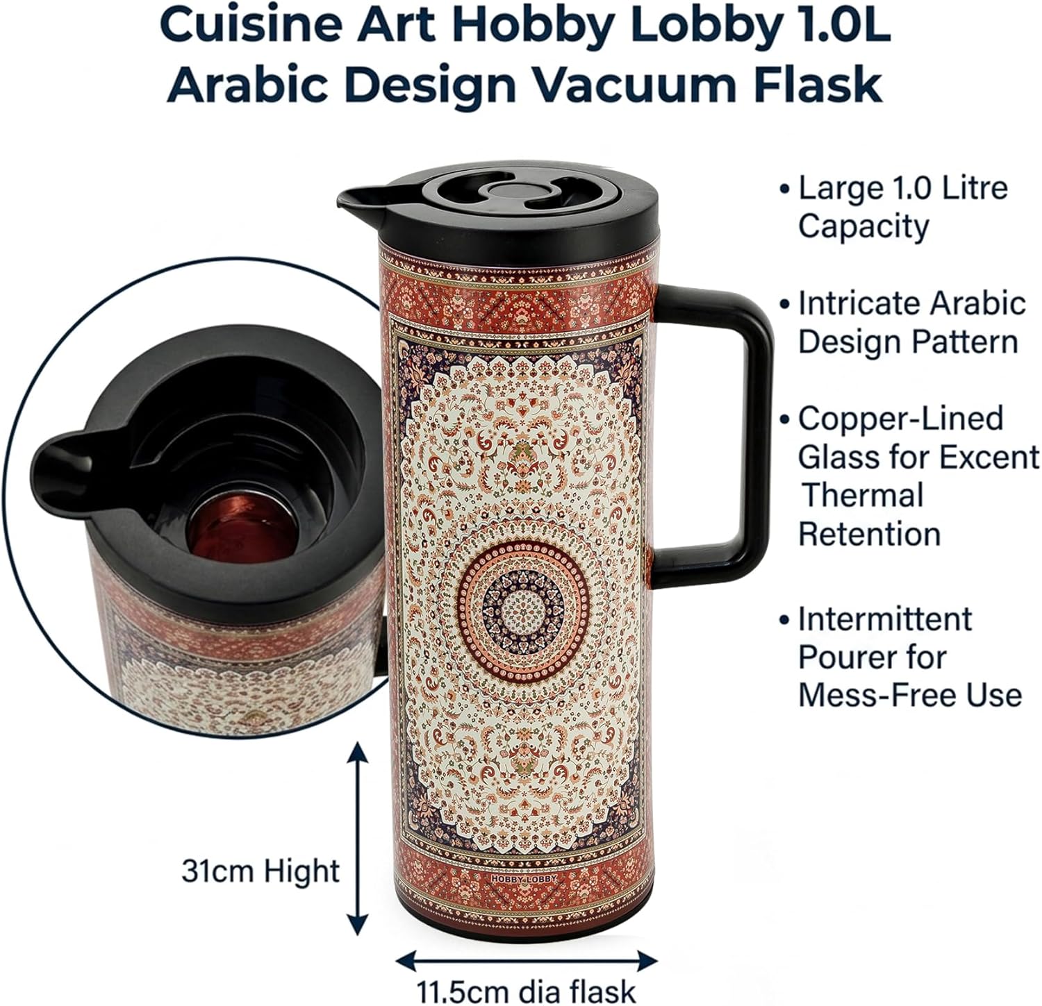 Cuisine Art Hobby Lobby 1.0L Arabic Design Vacuum Flask Insulated Thermal Coffee & Tea Carafe 24 Hours Hot & Cold Retention Leak-Resistant Beverage Jug with Ergonomic Handle - Image 4