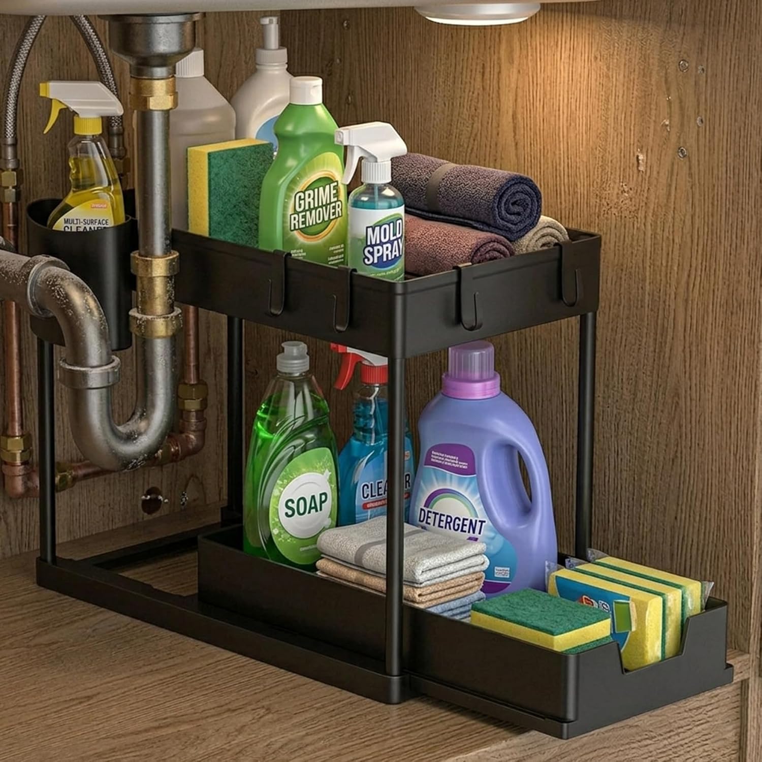 Cuisine Art Under Sink Organizer with Double Pull-Out Drawer 2-Tier Sliding Under Sink Storage, Kitchen & Bathroom Cabinet Organizer with Side Hooks, Anti-Rust Steel & ABS, 15.6×8.6×13.2 cm, Black - Image 2