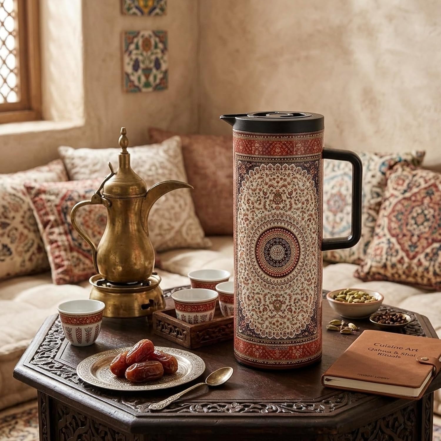Cuisine Art Hobby Lobby 1.0L Arabic Design Vacuum Flask Insulated Thermal Coffee & Tea Carafe 24 Hours Hot & Cold Retention Leak-Resistant Beverage Jug with Ergonomic Handle - Image 2