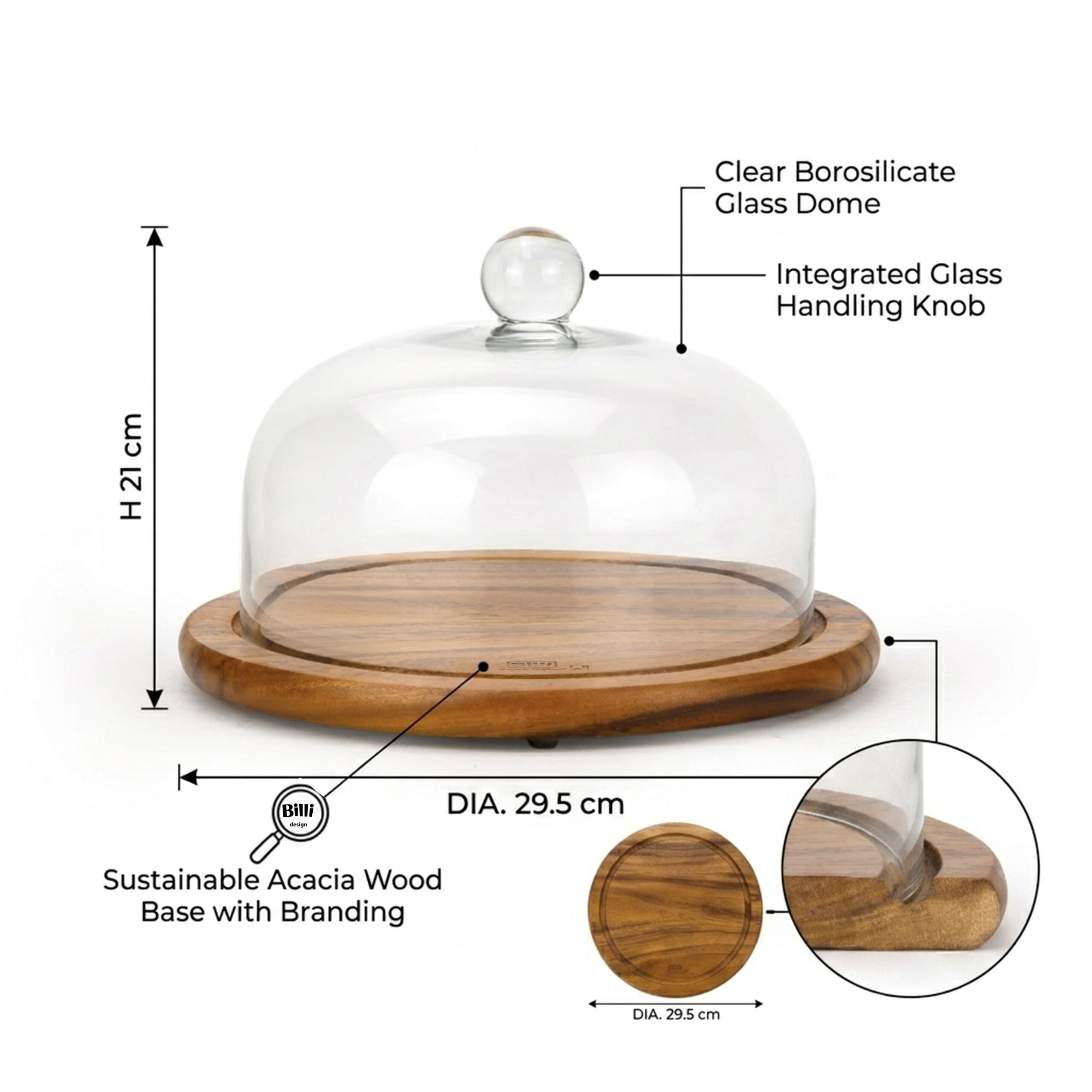 Billi Acacia Cake Dome with Glass Lid, 29.5cm Wooden Cake Stand, Dessert & Pastry Display Stand, Round Serving Platter for Cakes, Bakery, Parties & Kitchen Use - Image 6