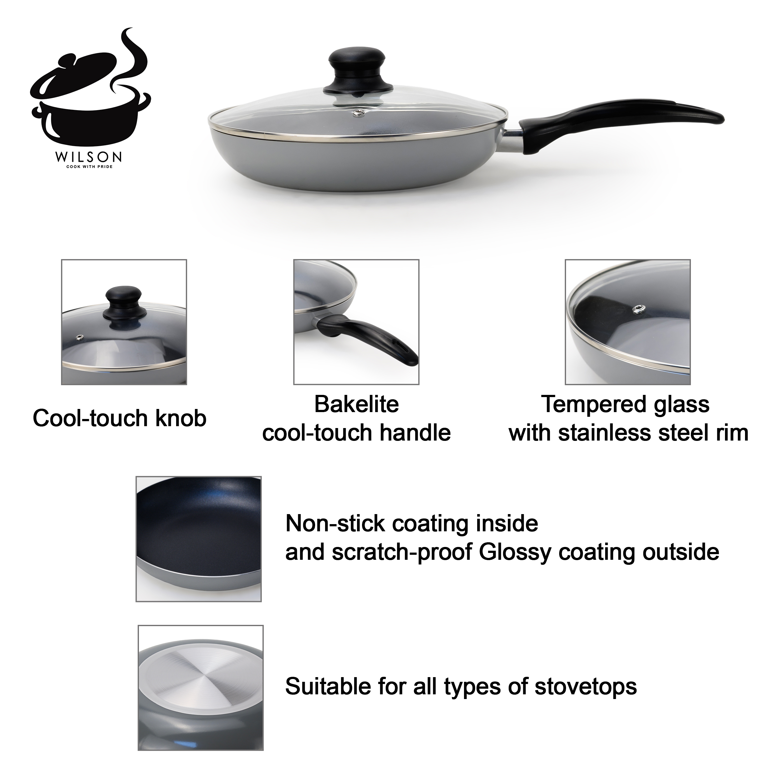 Wilson Non Stick Fry Pan with Glass Lid 20cm, Grey, Aluminium Cooking Pan, Induction & Gas Compatible, Scratch Resistant Coating, Cool Touch Handle, Easy Clean Kitchen Cookware - Image 4