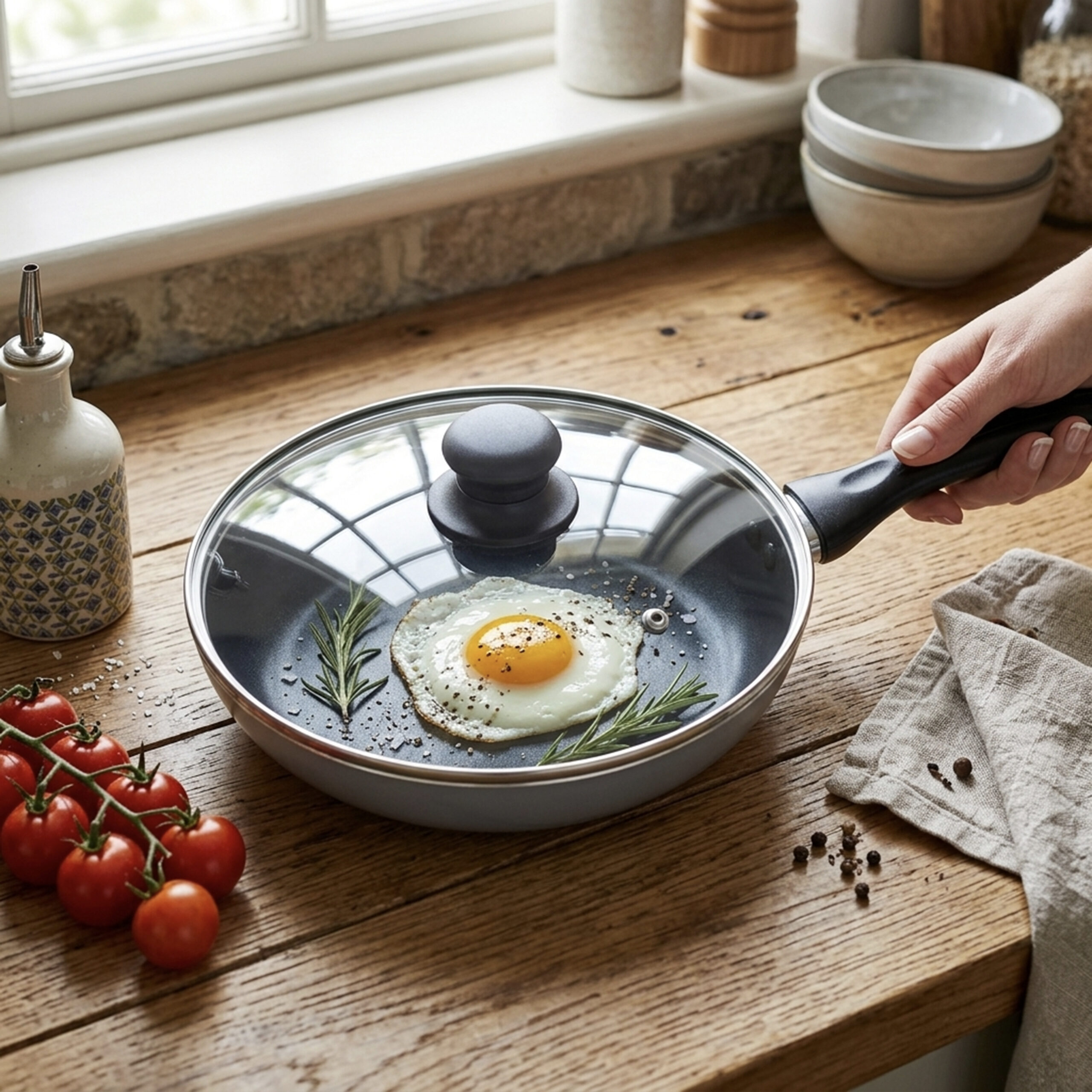 Wilson Non Stick Fry Pan with Glass Lid 20cm, Grey, Aluminium Cooking Pan, Induction & Gas Compatible, Scratch Resistant Coating, Cool Touch Handle, Easy Clean Kitchen Cookware - Image 2