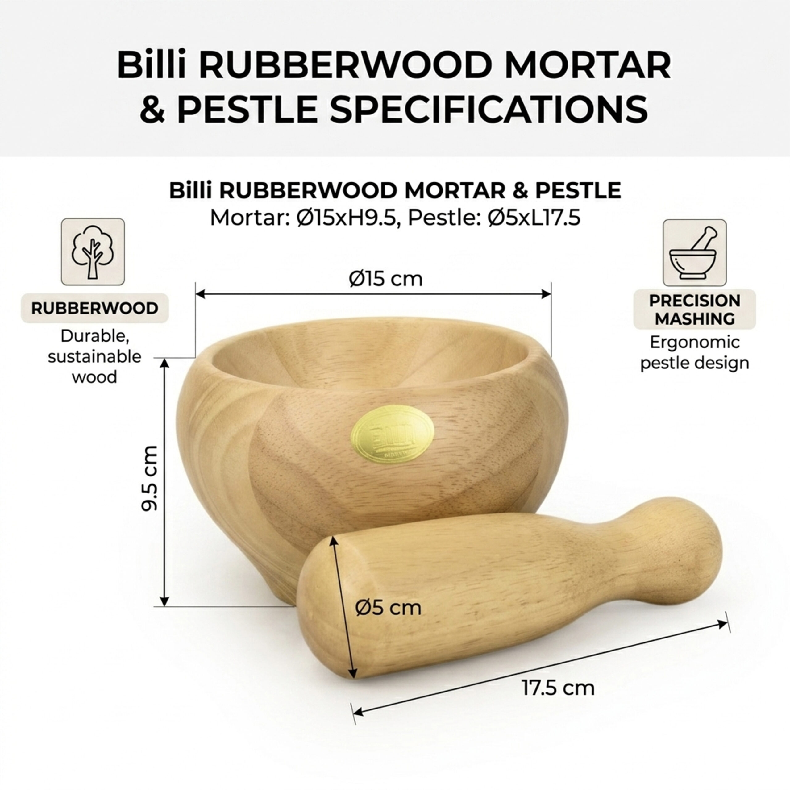Billi Wooden Mortar and Pestle Rubberwood Spice Grinder Set 15cm Manual Herb Crusher for Garlic, Masala & Spices, Durable Natural Wood Kitchen Grinding Tool - Image 3
