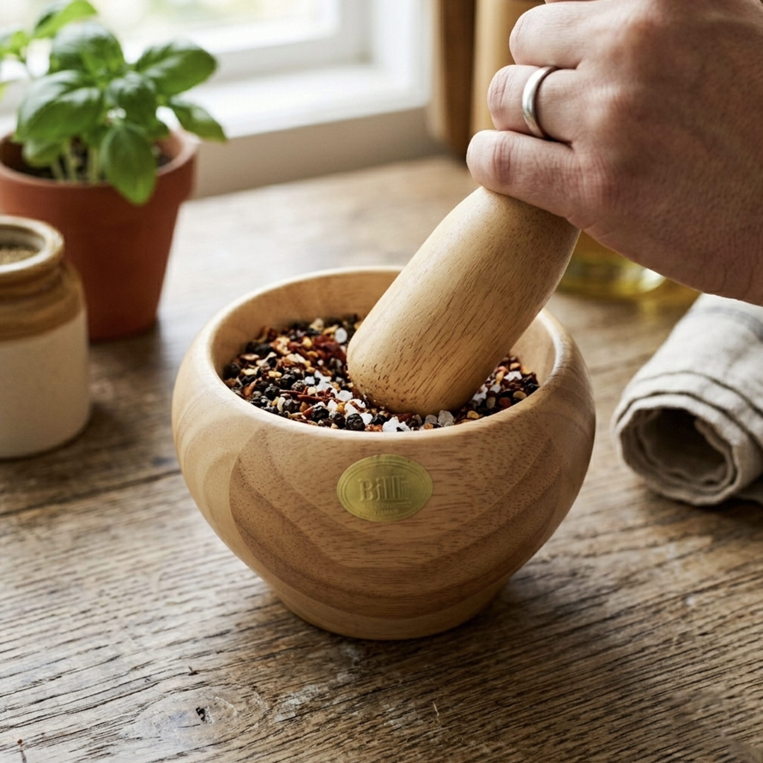Billi Wooden Mortar and Pestle Rubberwood Spice Grinder Set 15cm Manual Herb Crusher for Garlic, Masala & Spices, Durable Natural Wood Kitchen Grinding Tool - Image 5