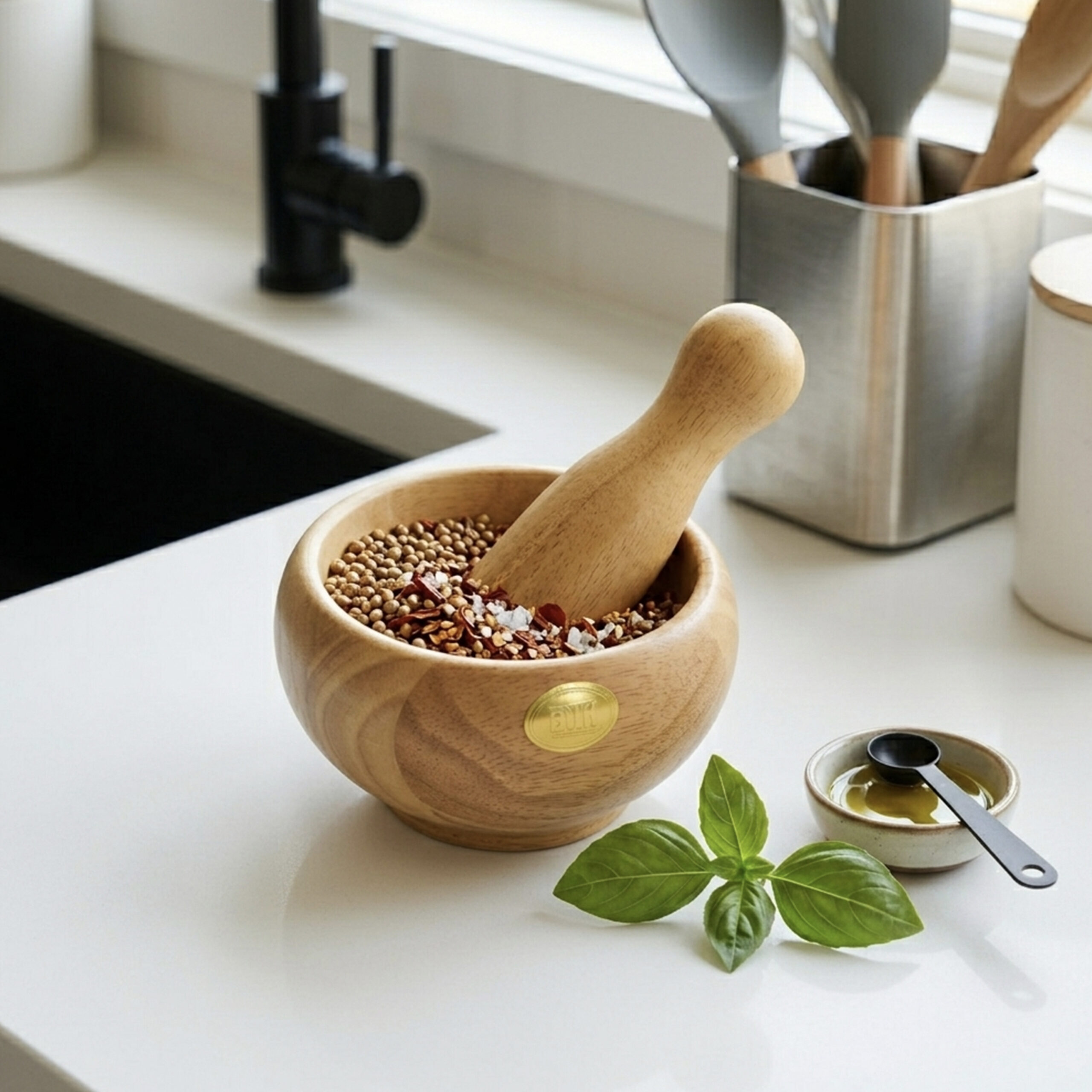 Billi Wooden Mortar and Pestle Rubberwood Spice Grinder Set 15cm Manual Herb Crusher for Garlic, Masala & Spices, Durable Natural Wood Kitchen Grinding Tool - Image 6